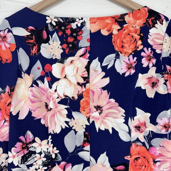 Eliza J Floral Print Shift Dress 12 Navy Blue Pink Bell Sleeve Wedding Guest - Picture 8 of 15